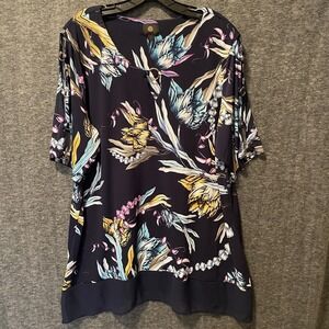 JM Collection Top Womens 3X Blue Floral Cold Shoulder Chiffon‎ Hem Sheer Blouse